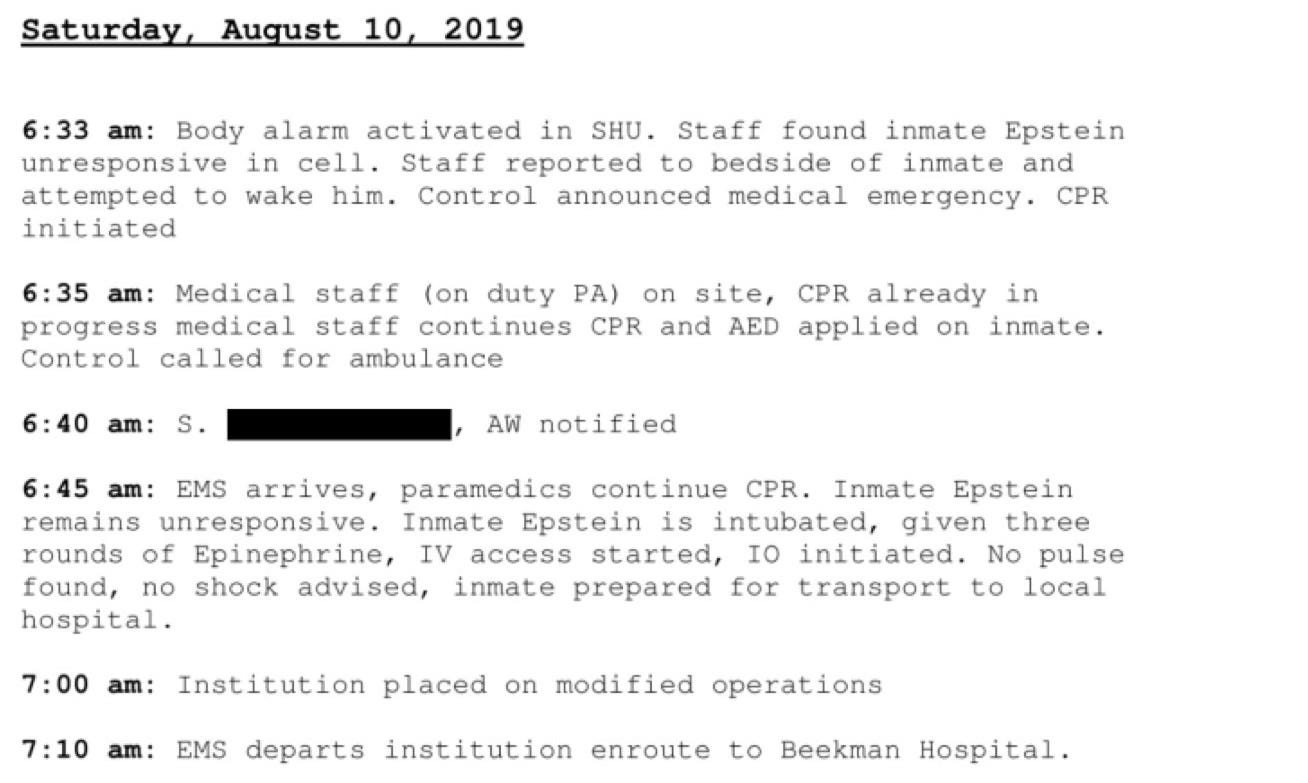 A timeline of Epstein's death sent to officials by the prison's assistant warden on 8/12/2019