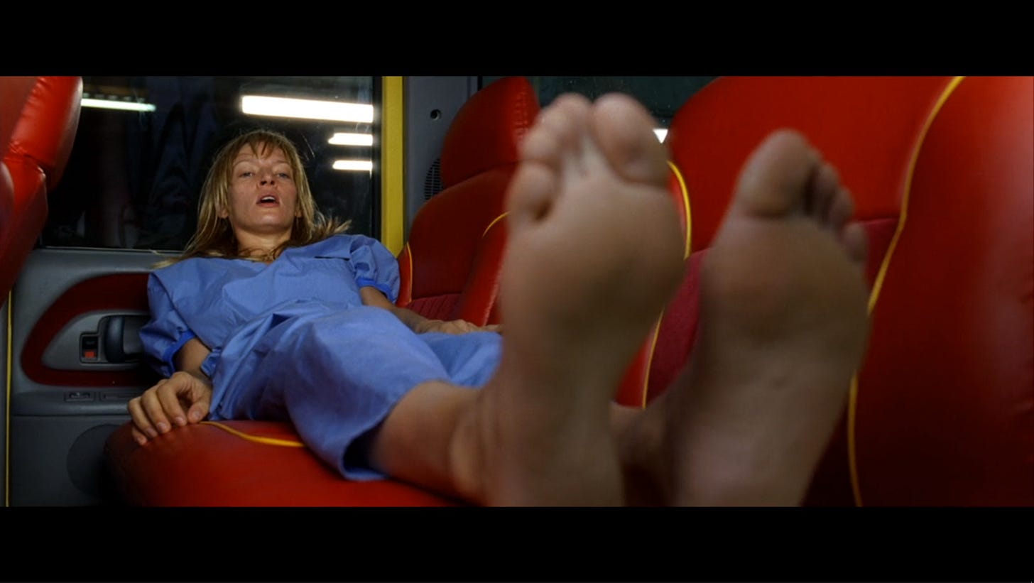 In 2003's Kill Bill, Uma Thurman's feet is shown up close as she begins to  attempt to wiggle her big toe, this is foreshadowing the fact that she will  NOT be defeated. :