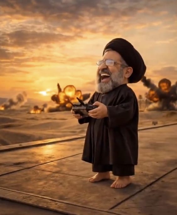Cartoon image of Ayatollah Khamenei watching the Iran war in the desert. Cartoon image of Ayatollah Khamenei watching the Iran war in the desert.