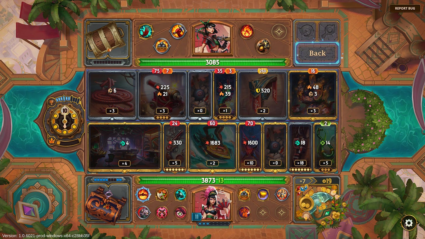 End of fight stats displaying each items' total effects (damage, burn, etc.) and how many times they were triggered.