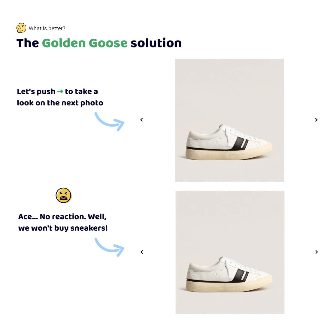The Golden Goose app. I wanna buy sneakers. I opened a photo gallery. I press the right arrow key on the keyboard. No reaction. I press it again. No way. The app ignores me