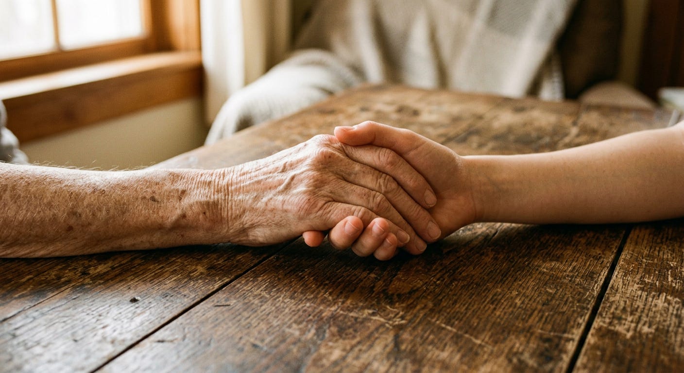 Two hands clasped together across a worn table in soft light, representing the obligation that arises naturally from enduring community and shared life.