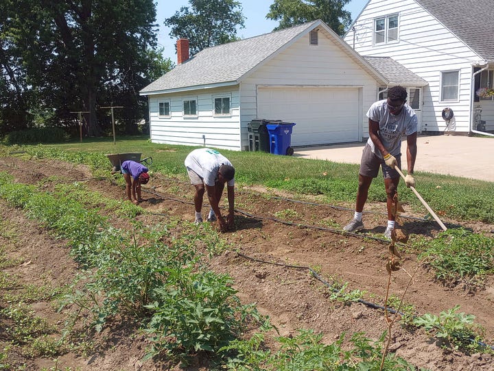 A group of four people standing around a wheelbarrow in a field. A young girl kneeling down in a field. A couple of young people preparing soil in a field. An image of Guy and his wife standing in the field with tools in hand. 