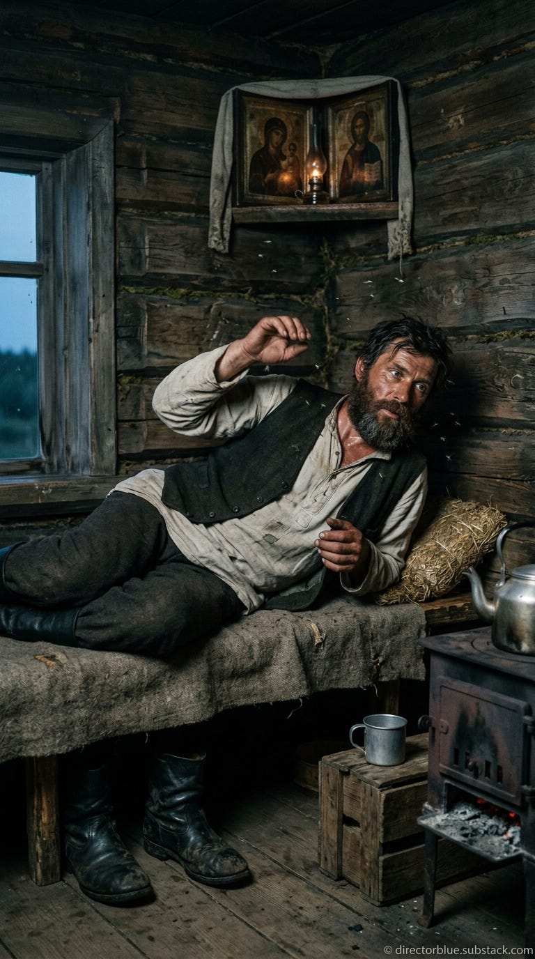IMAGE PROMPT FOR HISTORIC REENACTMENT EDUCATIONAL SERIES (TUNGUSKA EVENT) (1908) A weathered Russian man in his mid-40s broad-shouldered with a thick dark brown beard streaked with early gray deep-set hazel eyes with crows feet sun-darkened _image_1