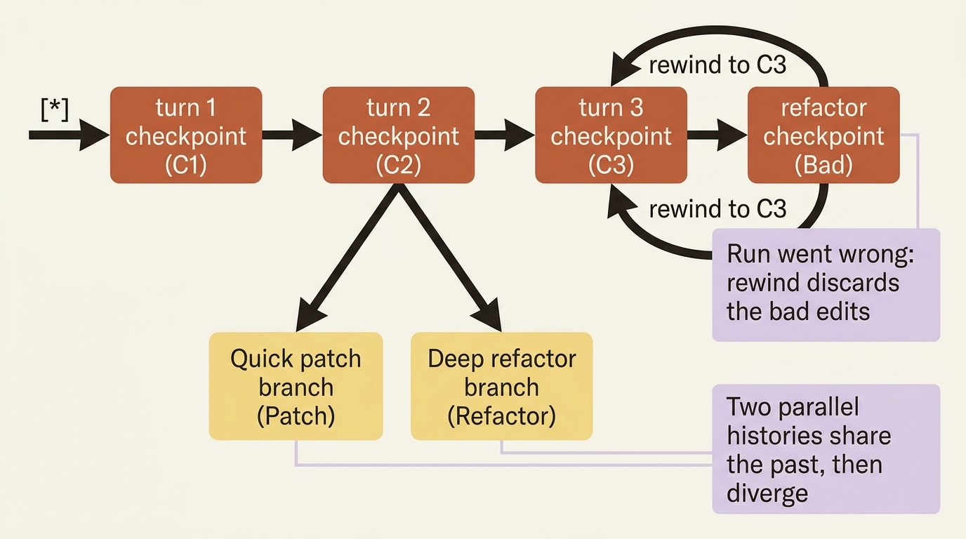 A state diagram showing a thread's checkpoint timeline, two branches forking from the same earlier checkpoint into a quick-patch path and a deep-refactor path, and a rewind arrow returning a bad run to an earlier checkpoint. A state diagram showing a thread's checkpoint timeline, two branches forking from the same earlier checkpoint into a quick-patch path and a deep-refactor path, and a rewind arrow returning a bad run to an earlier checkpoint.