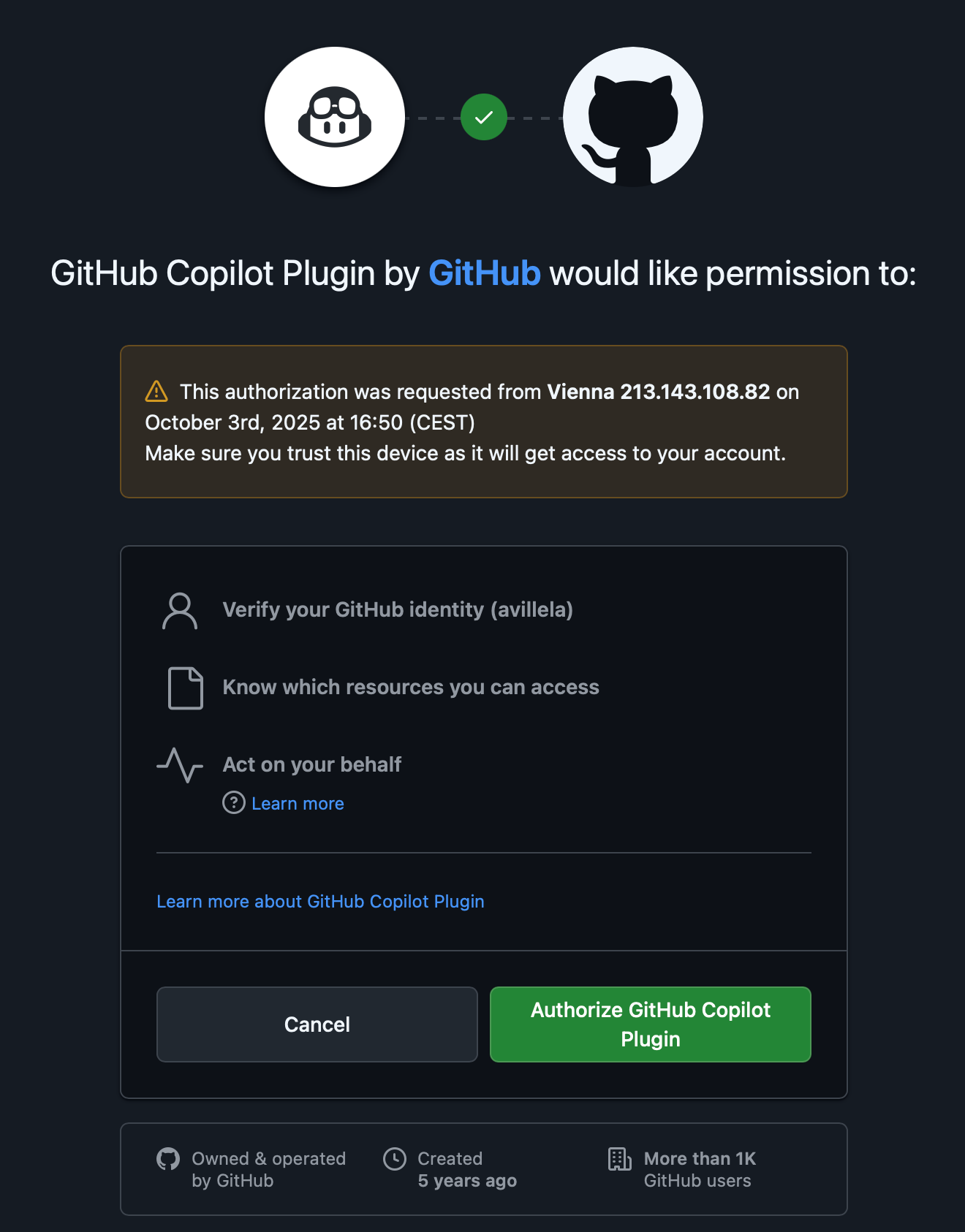 GitHub authorization request screen for the GitHub Copilot Plugin. It shows a request from Vienna (IP: 213.143.108.82) on October 3, 2025, at 16:50 CEST, asking user “avillela” to grant access. The page lists permissions and plugin details, with “Cancel” and “Authorize GitHub Copilot Plugin” buttons at the bottom.
