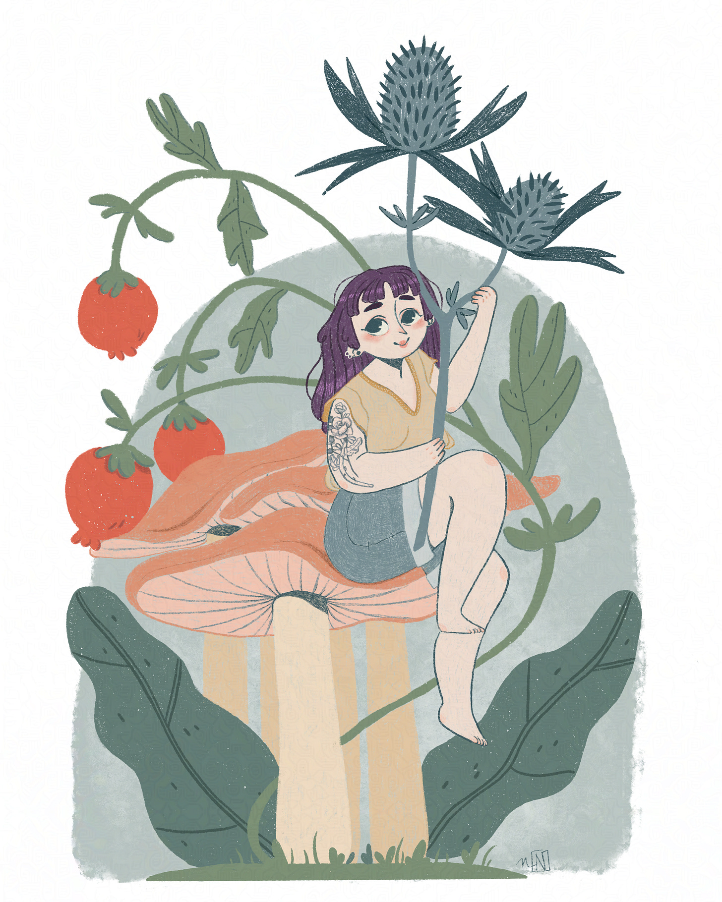 An illustration of a girl sitting on a mushroom holding onto the stem of a berry, with a blue thistle behind her.