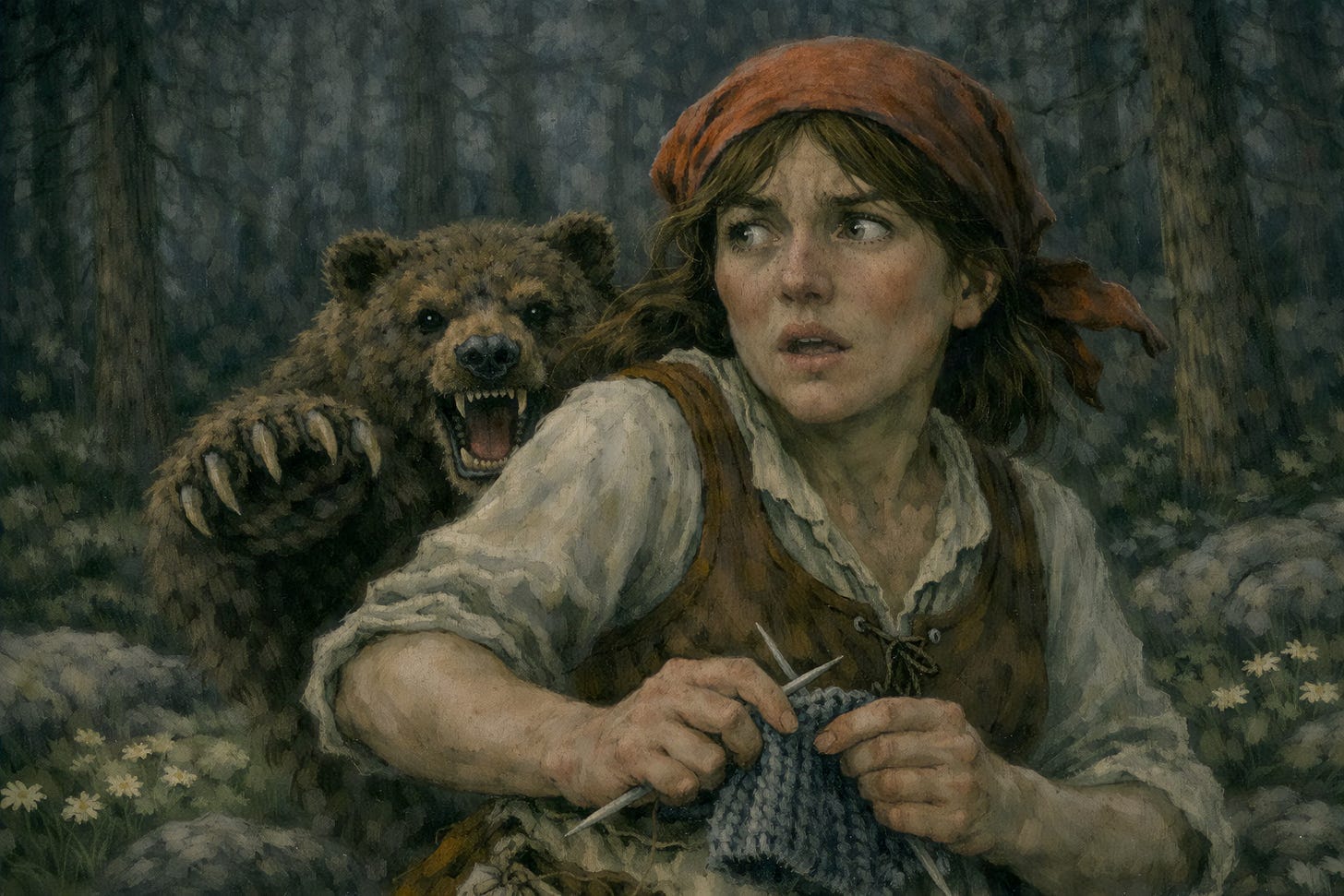 An illustration of a bear attacking a young woman in the forest. | Sagahuus Press — created with Microsoft 365 Premium Copilot. All rights reserved. An illustration of a bear attacking a young woman in the forest. | Sagahuus Press — created with Microsoft 365 Premium Copilot. All rights reserved.