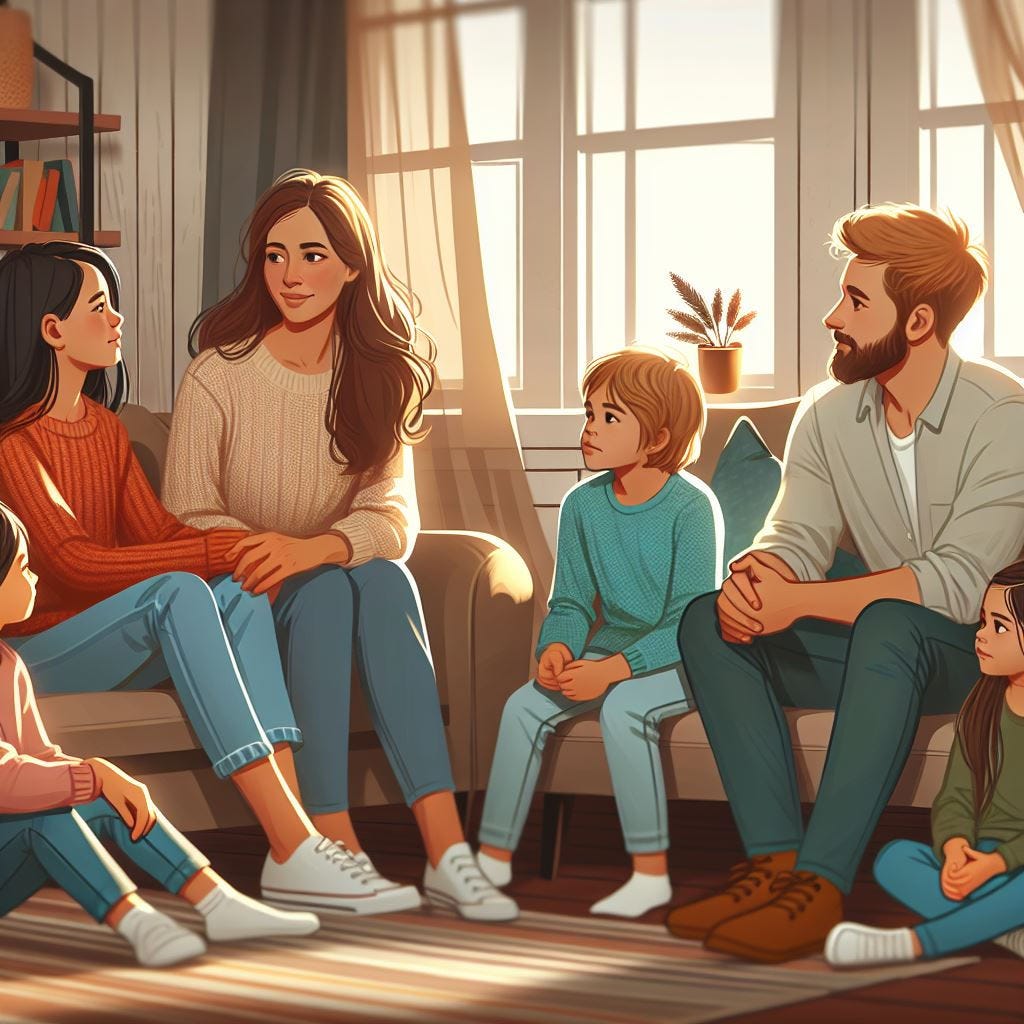 Comic of White family with parents and children gathered for a discussion