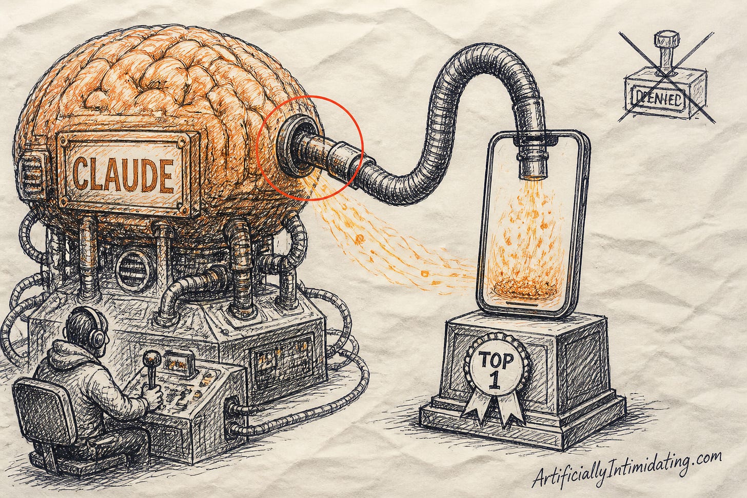 A hand-drawn illustration of a large rust-orange brain-shaped machine labeled CLAUDE being siphoned through a hose into a smartphone-shaped trophy marked TOP 1, with a crossed-out DENIED stamp in the corner.