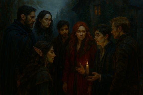 The party stands in a dimly lit chamber of the Baron’s mansion, speaking with Victor Vallakovich. Fleetwood, visually based on Richard Armitage, stands with arms crossed, his dark armor catching the candlelight. Clarion, based on Gwendoline Christie but with black hair, stands tall beside him, her shield resting against her leg. Felonious, based on Ben Whishaw, gestures with a scroll in hand, his robes layered and arcane. Greegan, based on Matt Ryan in rogue's leathers, leans against a pillar, flipping a bone die. Silverleaf, visually based on Tatiana Maslany but an elf, watches Victor closely, her cloak drawn tight. Victor Vallakovich stands before them, pale and tense, his cloak fine but rumpled, eyes shadowed from sleepless nights. The room is lined with bookshelves, arcane diagrams, and a flickering spirit mirror behind Victor. The atmosphere is tense, magical, and filled with quiet urgency.