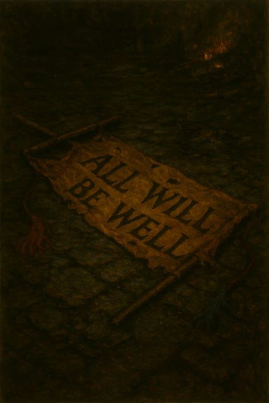 A gothic fantasy depiction of a tattered 'All Will Be Well' banner lying alone on the rain-slicked cobblestones of Vallaki’s town square in the aftermath of battle. The banner is torn and stained, its cheerful lettering faded and frayed. No figures are present—just the banner, surrounded by debris, broken lanterns, and scorched remnants of festival decorations. Smoke curls in the background, and the faint silhouette of St. Andral’s Church is visible through the mist. The atmosphere is somber, quiet, and cinematic, capturing the irony of the banner’s message amid ruin.