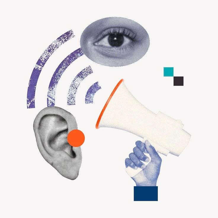 This may contain: an image of a person holding a megaphone and ear with sound waves coming out of it