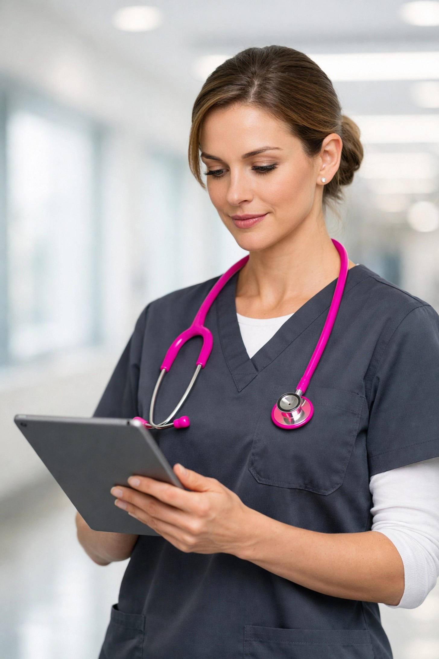 Professional travel nurse in grey scrubs reviewing staffing data on a tablet in a modern hospital.