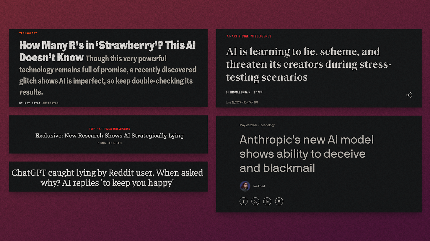 An image of various headlines from news publications discussing AI