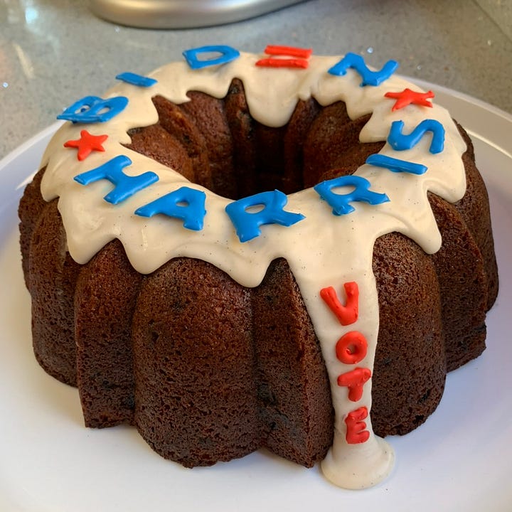 Two photos of bundt cakes decorated with the Biden Harris campaign logo.