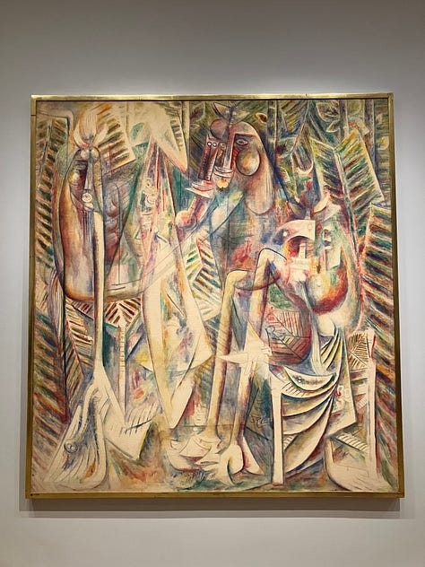 three abstract paintings with elongated figures and foliage, one in shades of brown and pink, one in green and blue, and one with pale animal figures against a black background.