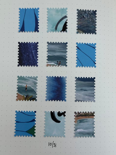 sketchbook with 12 tiny stamp cut images pasted uniformally on the page