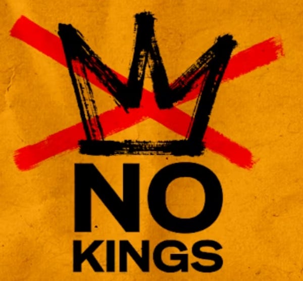 This image is a graphic logo or poster. It features a stylized, black, brush-stroke drawing of a crown, which is crossed out with a thick red "X." Below the crossed-out crown, the words "NO KINGS" are printed in a bold, black, sans-serif font. The entire design is set against a textured, parchment-like background in a deep goldenrod or mustard yellow color.