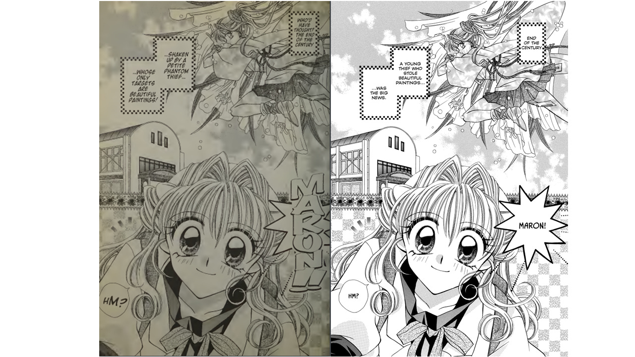 1st page from "Kamikaze Kaito Jeanne." The CMX translation is on the left, the Viz on the right.