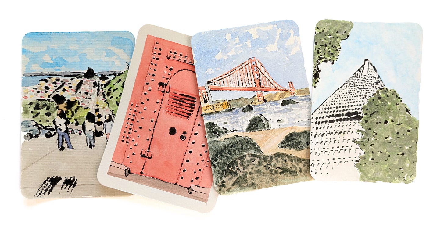 Monoprinted postcards with ink and watercolor. Depicts San Francisco tourist locations with close-up details of The Golden Gate Bridge and the Transamerica Building.
