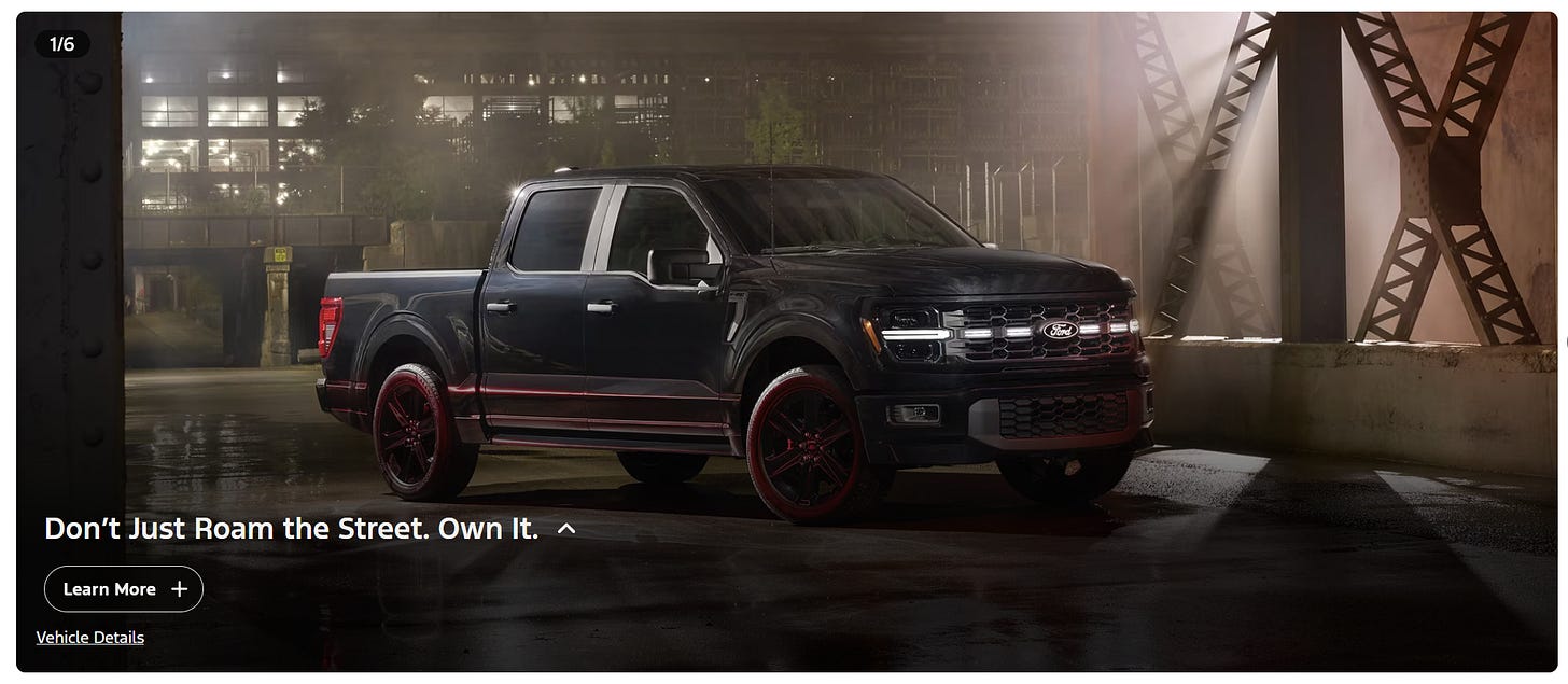 Screenshot of the Ford website, with copy reading "Don't Just Roam the Street. Own It.