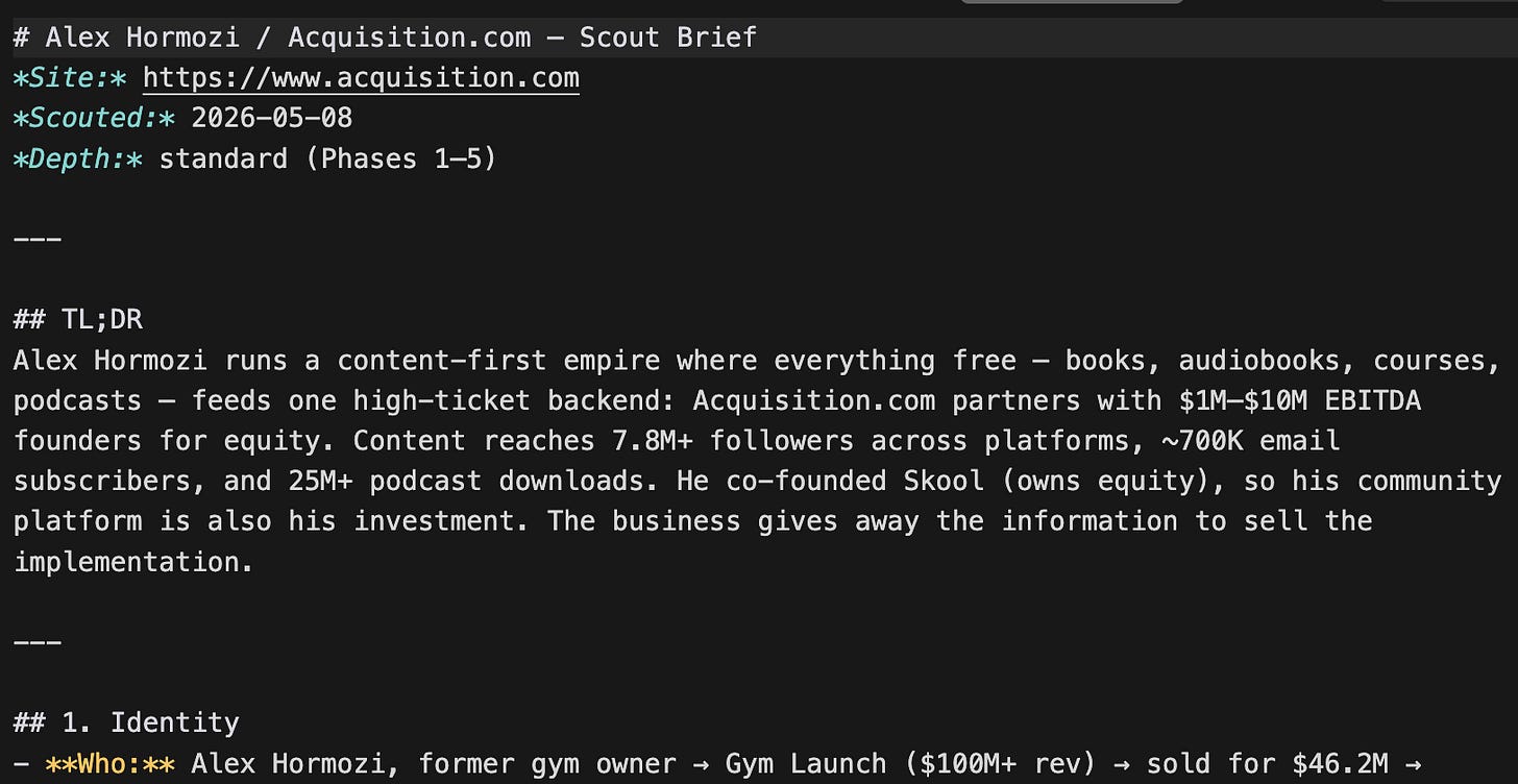 Screenshot showing the opening sections of the Alex Hormozi Creator Scout brief including TL;DR summary and partial offer stack analysis