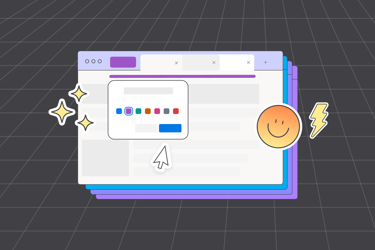 Illustration of a browser window with multiple colored tabs and a color selection popup, featuring playful icons like sparkles, a smiling face, and a lightning bolt, representing customization and organization in a tab management feature.