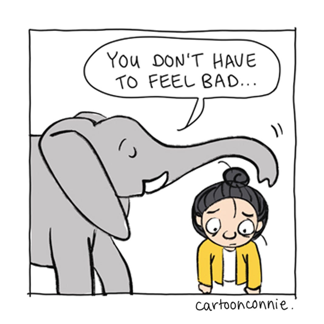Panel 4 of a 6-panel comic strip about our mistakes and imperfections and how they make us unique and give us style. Titled "All My Mistakes," 2026, by Connie Sun, cartoonconnie.