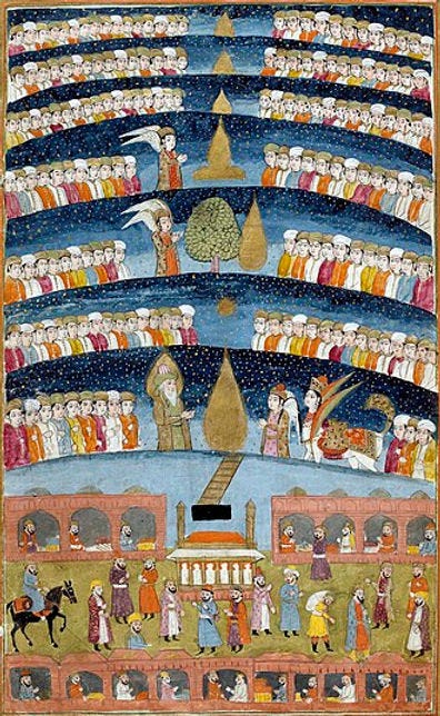 Islamic miniature depicting Muhammad's visit to Paradise from an 1808 Kashmiri manuscript of Bâzil's Hamla-i haydarî