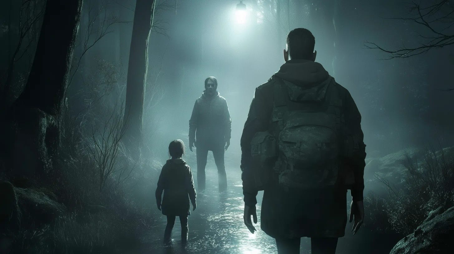 : Three figures, two adults and one child, are walking through a dark, misty forest. The scene is illuminated by a single light source above, casting an eerie glow. The figures are seen from behind, with the child in the foreground, an adult in the middle, and another adult in the background. The forest is dense with tall trees and sparse vegetation, creating a mysterious and suspenseful atmosphere.