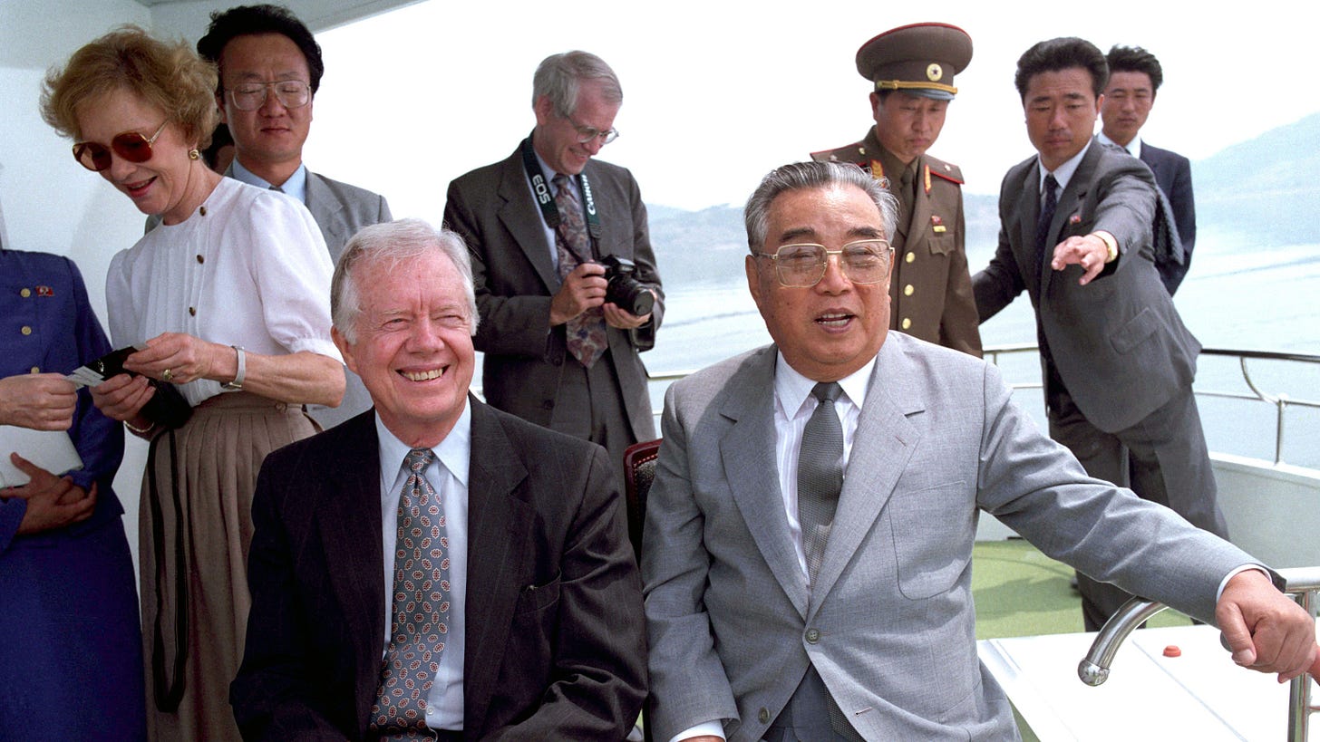 A historic encounter: Former U.S. President Jimmy Carter and his wife Rosalynn meet with North Korean dictator Kim Il-Sung in North Korea, 1994.