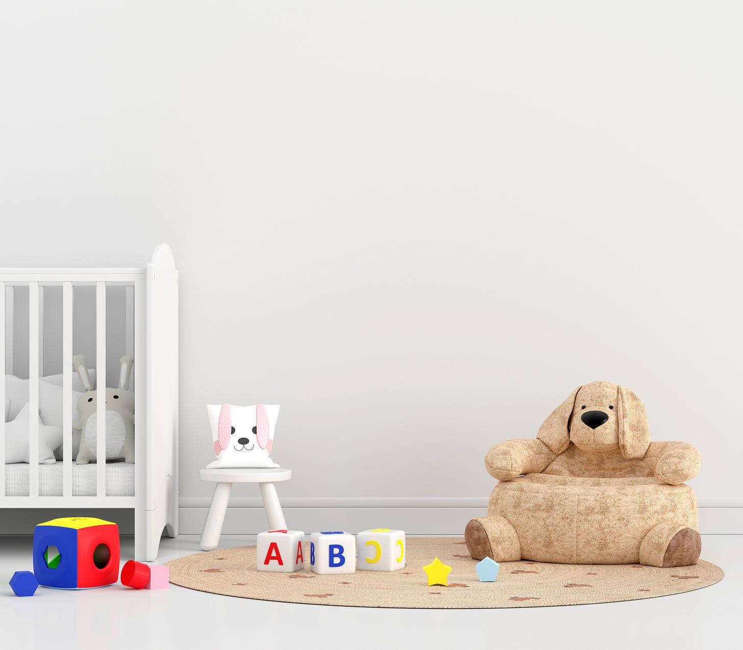 cameretta con lettino, giochi e peluche.