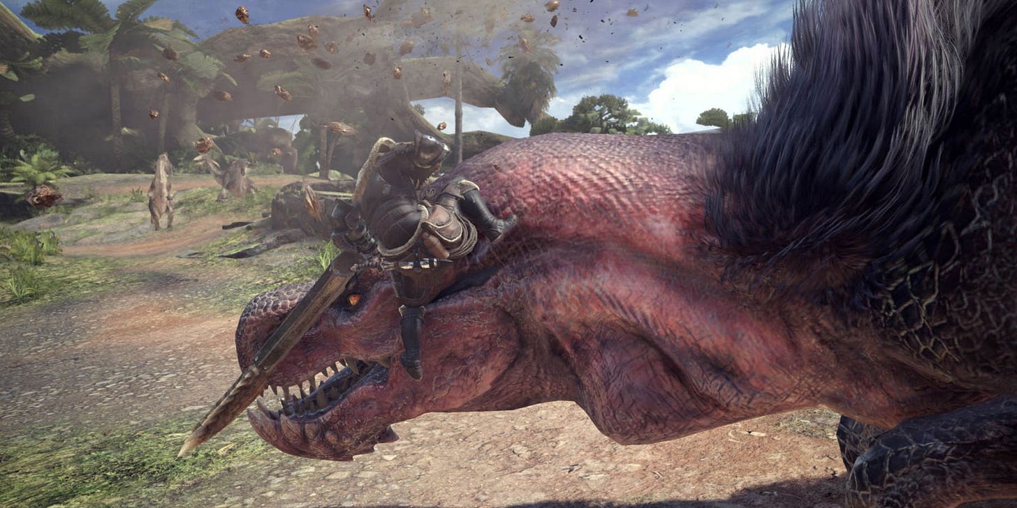 The hunter leaping onto a red scaly monster's neck while wielding a sword in Monster Hunter World. The hunter leaping onto a red scaly monster's neck while wielding a sword in Monster Hunter World.