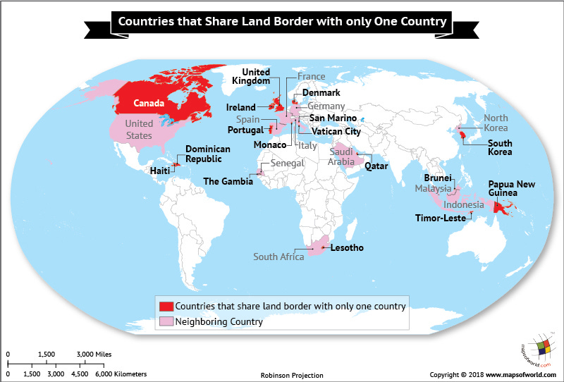 World Map highlighting countries sharing Land Border with One country World Map highlighting countries sharing Land Border with One country