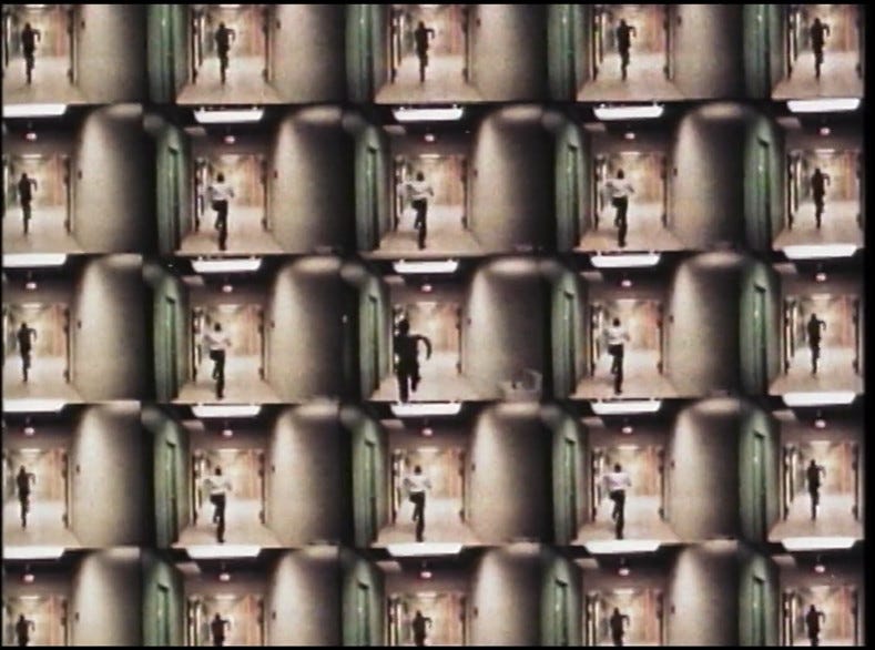 the same shot of a man running down a hallway plays out in a 5x5 grid where each square is timed slightly differently