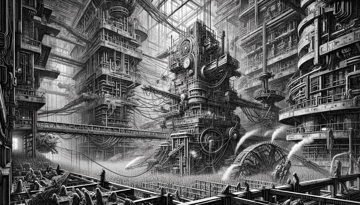 Create an etching in the style of Giovanni Battista Piranesi, portraying tiny human figures entangled in the machinery of a high-tech 'Torment Nexus', in landscape orientation. The scene blends Piranesi's detailed, dramatic etching style with a futuristic, dystopian theme. It features a complex, sprawling network of advanced machinery, metal structures, and neon lights, reminiscent of Piranesi’s architectural etchings but with a modern twist. Tiny human figures are depicted amidst this machinery, emphasizing their struggle and smallness in comparison to the overwhelming technological landscape. The etching should showcase Piranesi's skill in detail and contrast, highlighting the stark, oppressive nature of the high-tech environment, while also capturing the human element within it. Create an etching in the style of Giovanni Battista Piranesi, portraying tiny human figures entangled in the machinery of a high-tech 'Torment Nexus', in landscape orientation. The scene blends Piranesi's detailed, dramatic etching style with a futuristic, dystopian theme. It features a complex, sprawling network of advanced machinery, metal structures, and neon lights, reminiscent of Piranesi’s architectural etchings but with a modern twist. Tiny human figures are depicted amidst this machinery, emphasizing their struggle and smallness in comparison to the overwhelming technological landscape. The etching should showcase Piranesi's skill in detail and contrast, highlighting the stark, oppressive nature of the high-tech environment, while also capturing the human element within it.