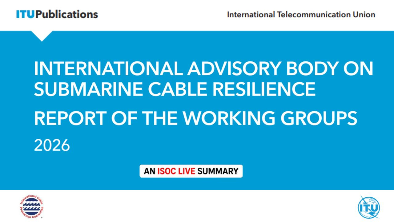 A clean title-slide graphic featuring a wide cyan-blue banner across the upper half with bold white uppercase typography announcing the publication title. ITU Publications branding appears at the upper left, with the International Telecommunication Union name at the upper right. A small "AN ISOC LIVE SUMMARY" label is centered beneath the title. The lower section is white, framed by the International Cable Protection Committee logo at bottom left and the ITU logo at bottom right, creating a balanced, minimalist institutional design.