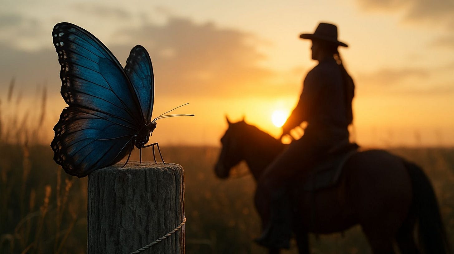 Symbolic imagery representing "The Red Headed Stranger and the Iron Butterfly," featuring a lone cowboy silhouette and a detailed blue butterfly under a sunset sky.
