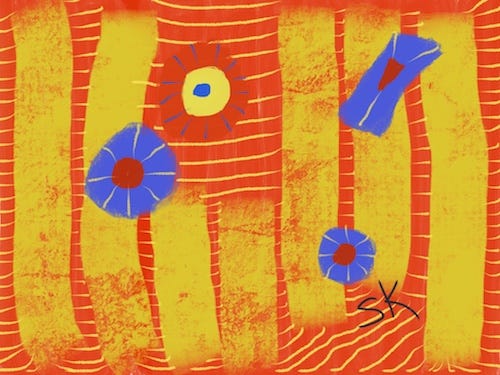 Abstract painting by Sherry Killam Arts that symbolizes a colorful weekly planner with yellows, oranges and blues respresenting days of the week at the beach.