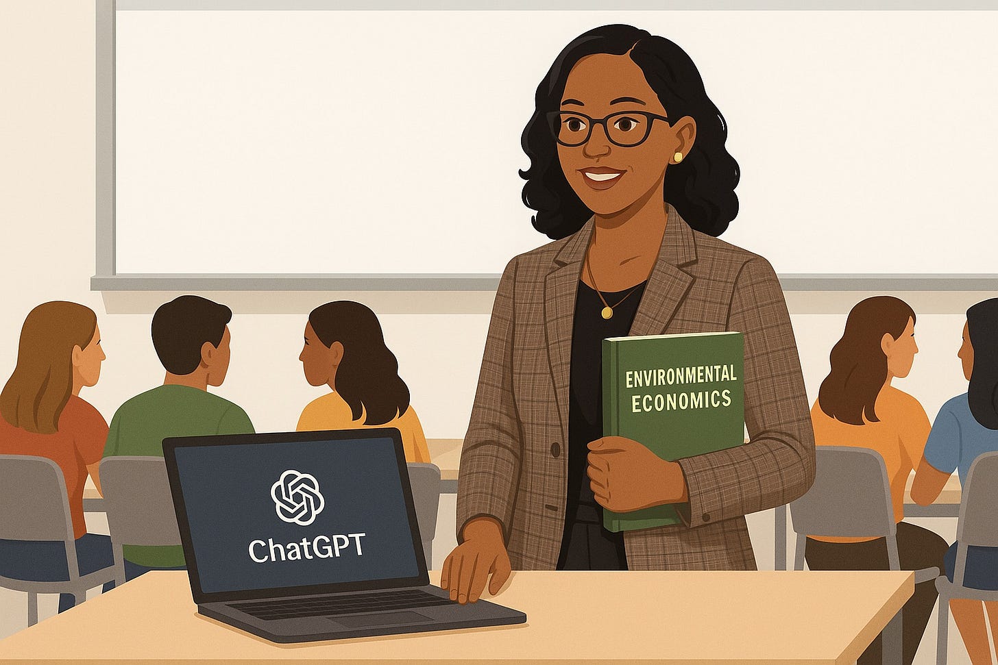 Illustration of an economics professor holding an Environmental Economics textbook in a classroom, with a laptop showing ChatGPT in front of students.