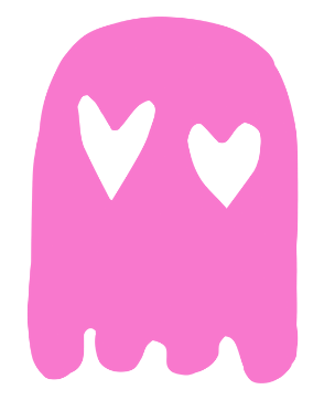 Pink Ms. Pac-Man style ghost with heart eyes