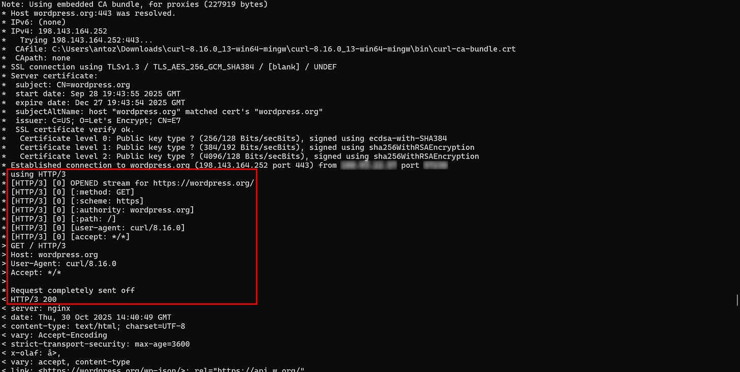 Note that the connection was established over HTTP/3
