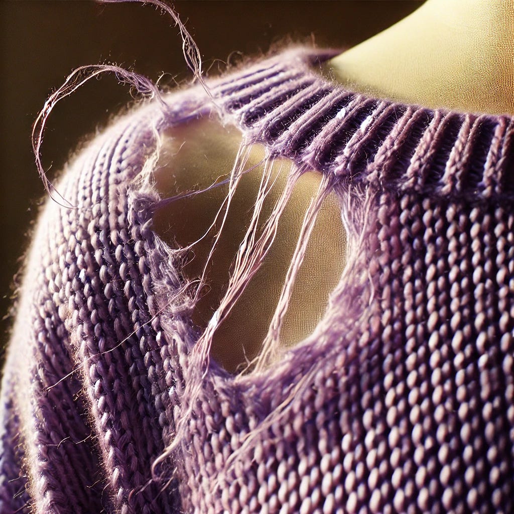 A close-up of a delicate violet thread sweater made of fine knit fabric with a noticeable tear and fraying fibers. The damaged area shows threads hanging loosely and partially separated, evoking a fragile and melancholic feeling. The lighting is soft and warm, emphasizing the texture of the knit fabric and the depth of the tear. The background is simple and blurred to focus on the sweater's details.