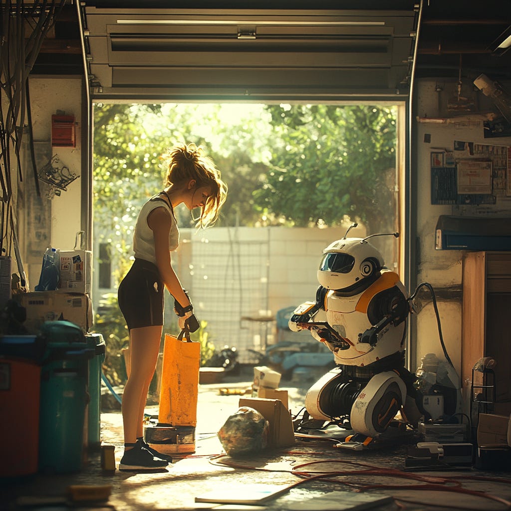 A young woman and a cute robot are cleaning out a garage for a garage sale.