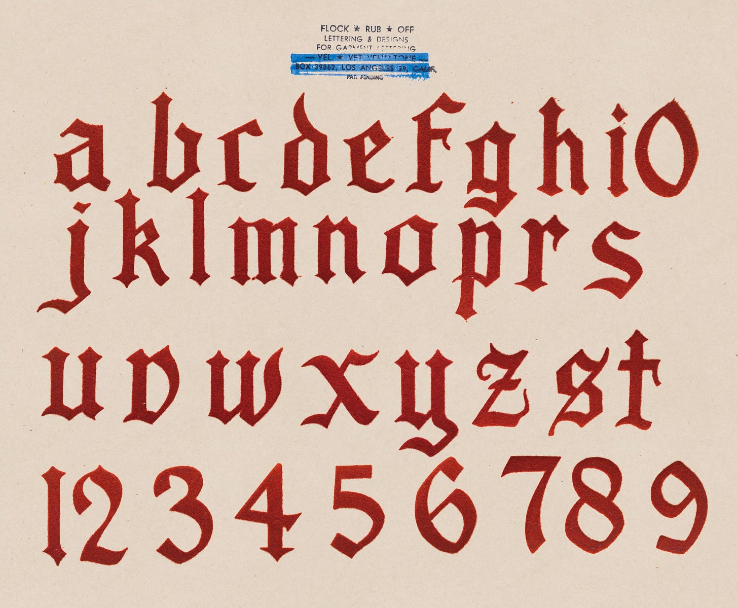 Red velvet-flocked Gothic alphabet on cream cardstock, stamped 'Velvet Velvatone, Box 39862, Los Angeles 39, California