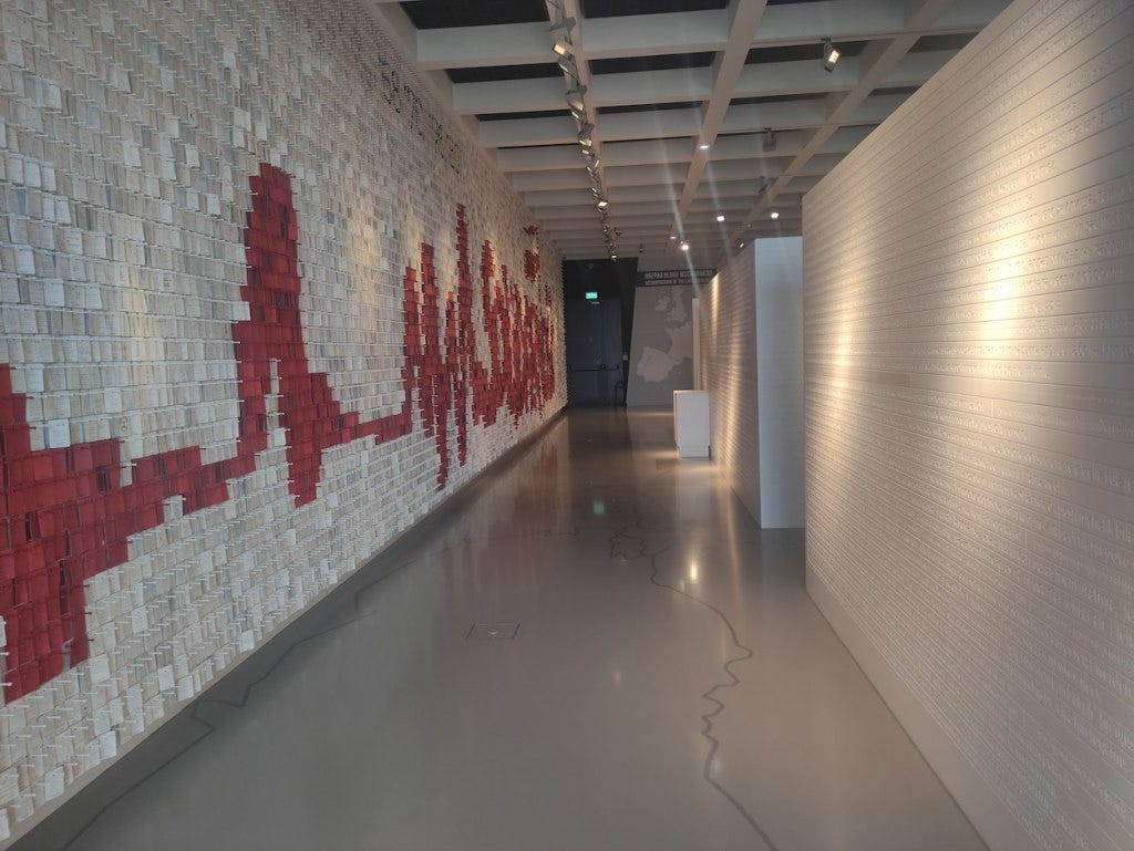 Large walls in a room carry the Universal Declaration of Human Rights in several different languages