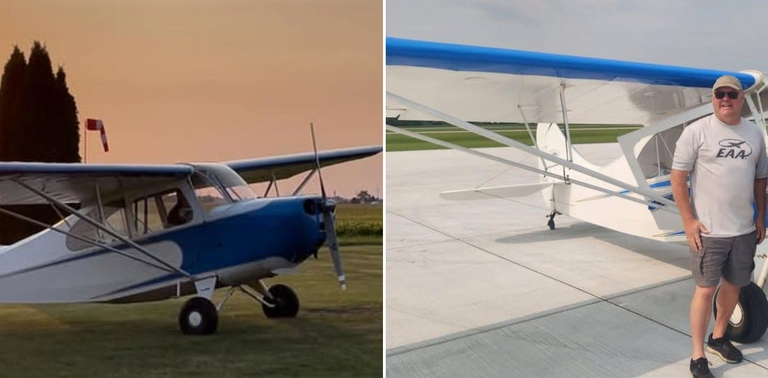 May be an image of 1 person, seaplane and text that says '٦ EAA'