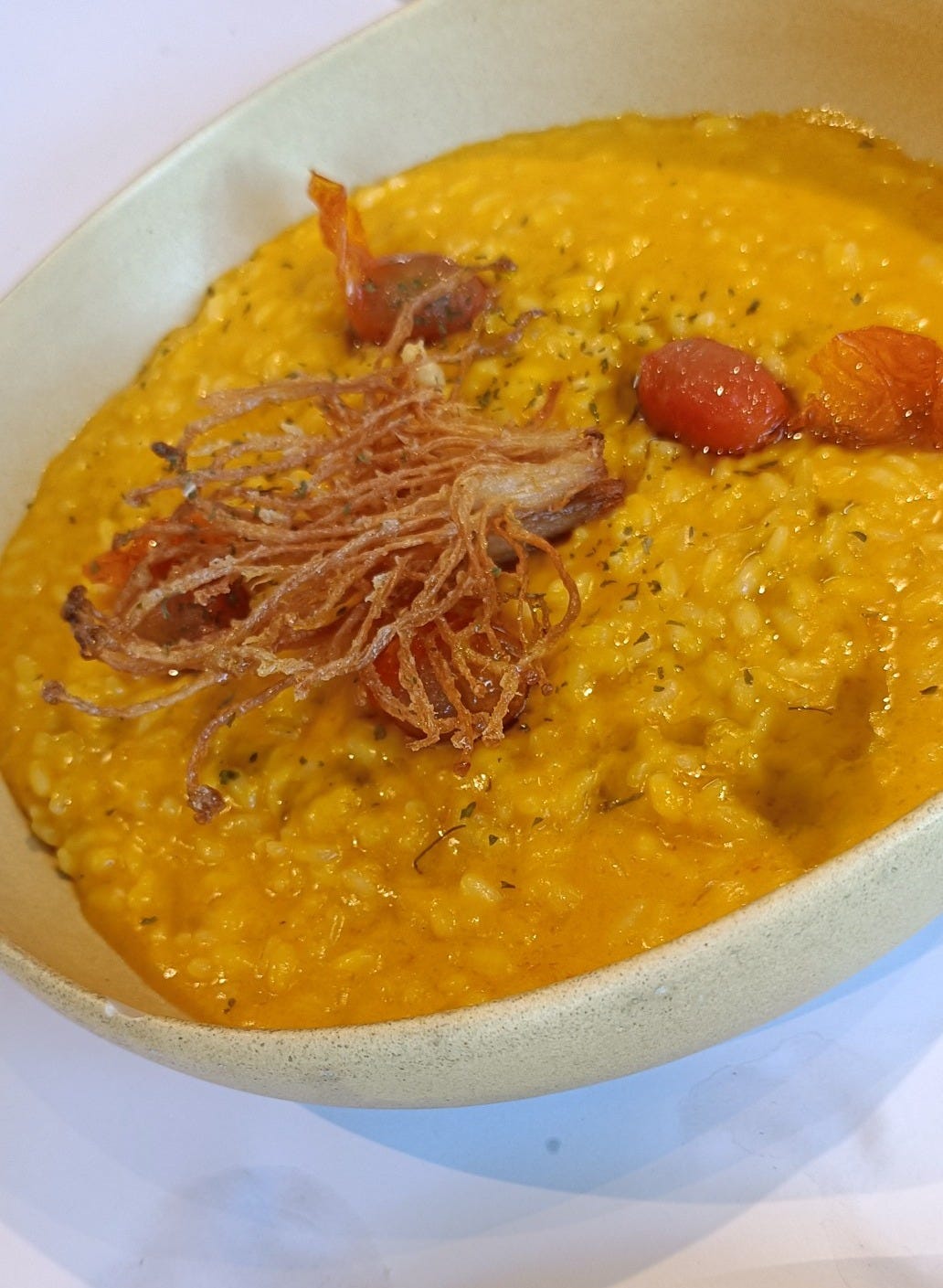 Pumpkin Risotto with Fried Enoki and Tomato Confit