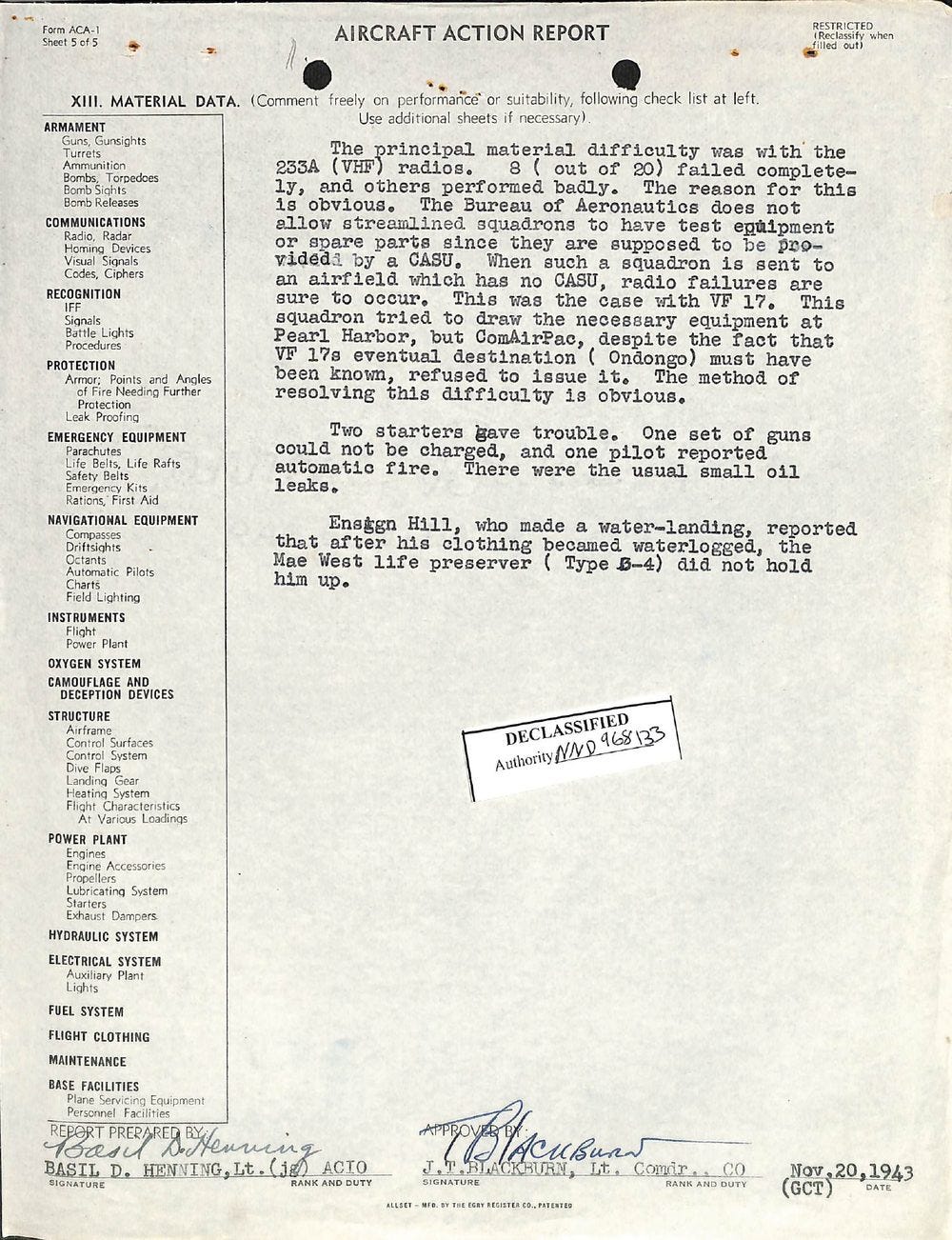 Sheet 5 of VF-17 Aircraft Action Report, Section XIII Material Data, with signatures of the ACIO and commanding officer Sheet 5 of VF-17 Aircraft Action Report, Section XIII Material Data, with signatures of the ACIO and commanding officer